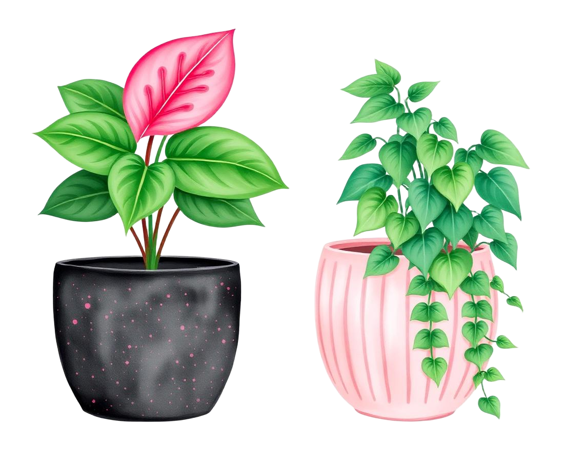A pink caladium in a black terrazzo pot beside a trailing philodendron in a ribbed blush pot